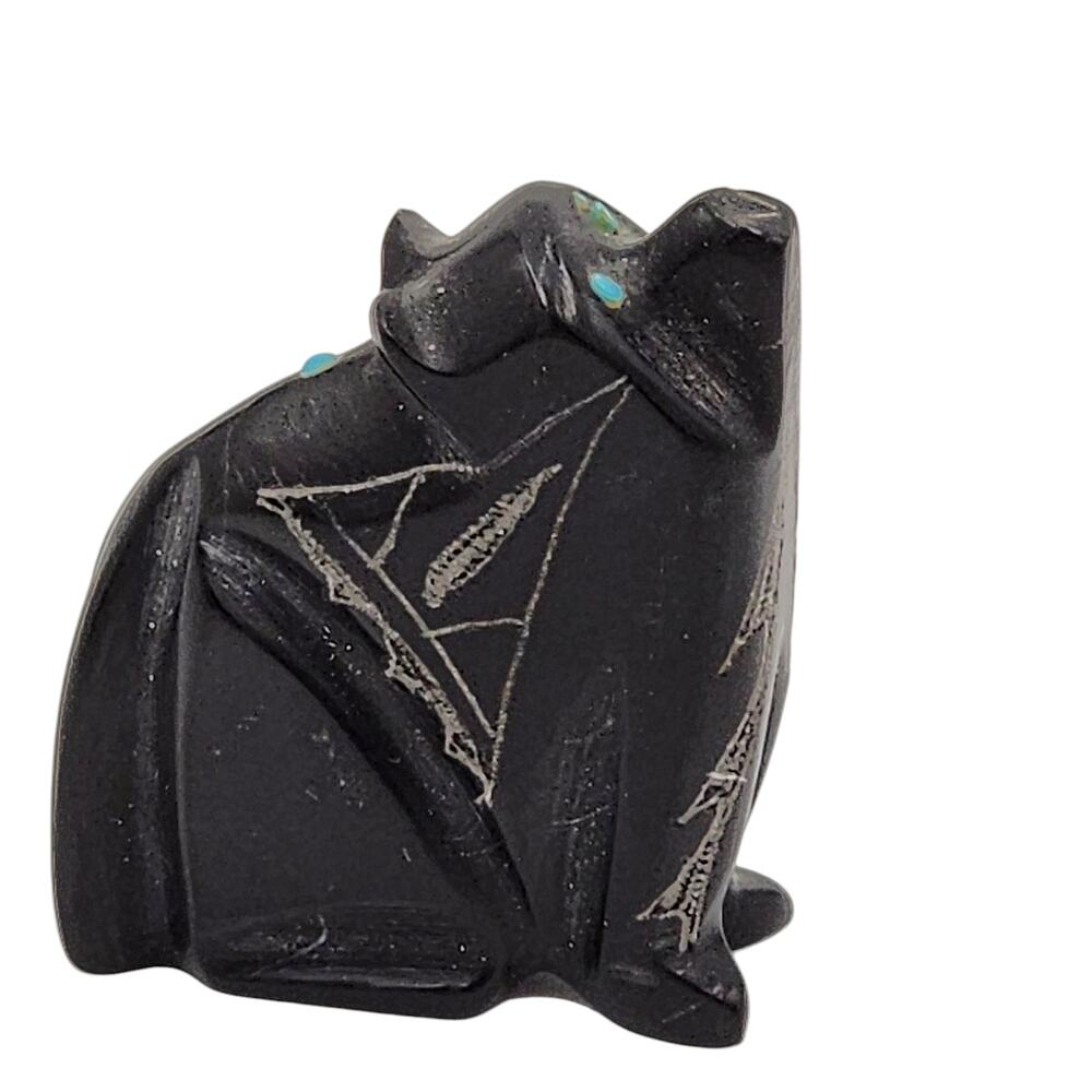 Native American Zuni Black Marble Bear Fetish Carved Stone Signed Turquoise - Picture 2 of 16
